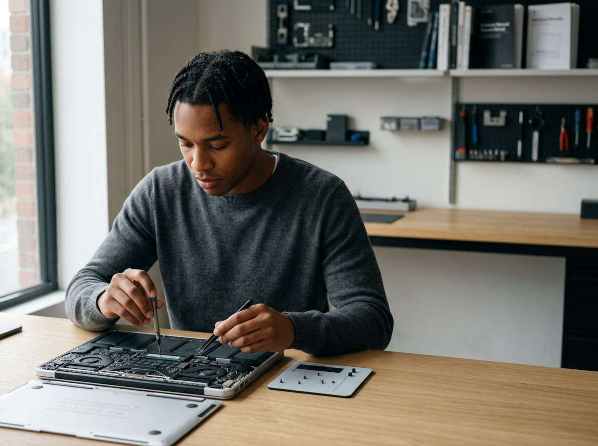 Young man repairing or assembling a laptop computer at a desk, inside a workshop or tech workspace.
