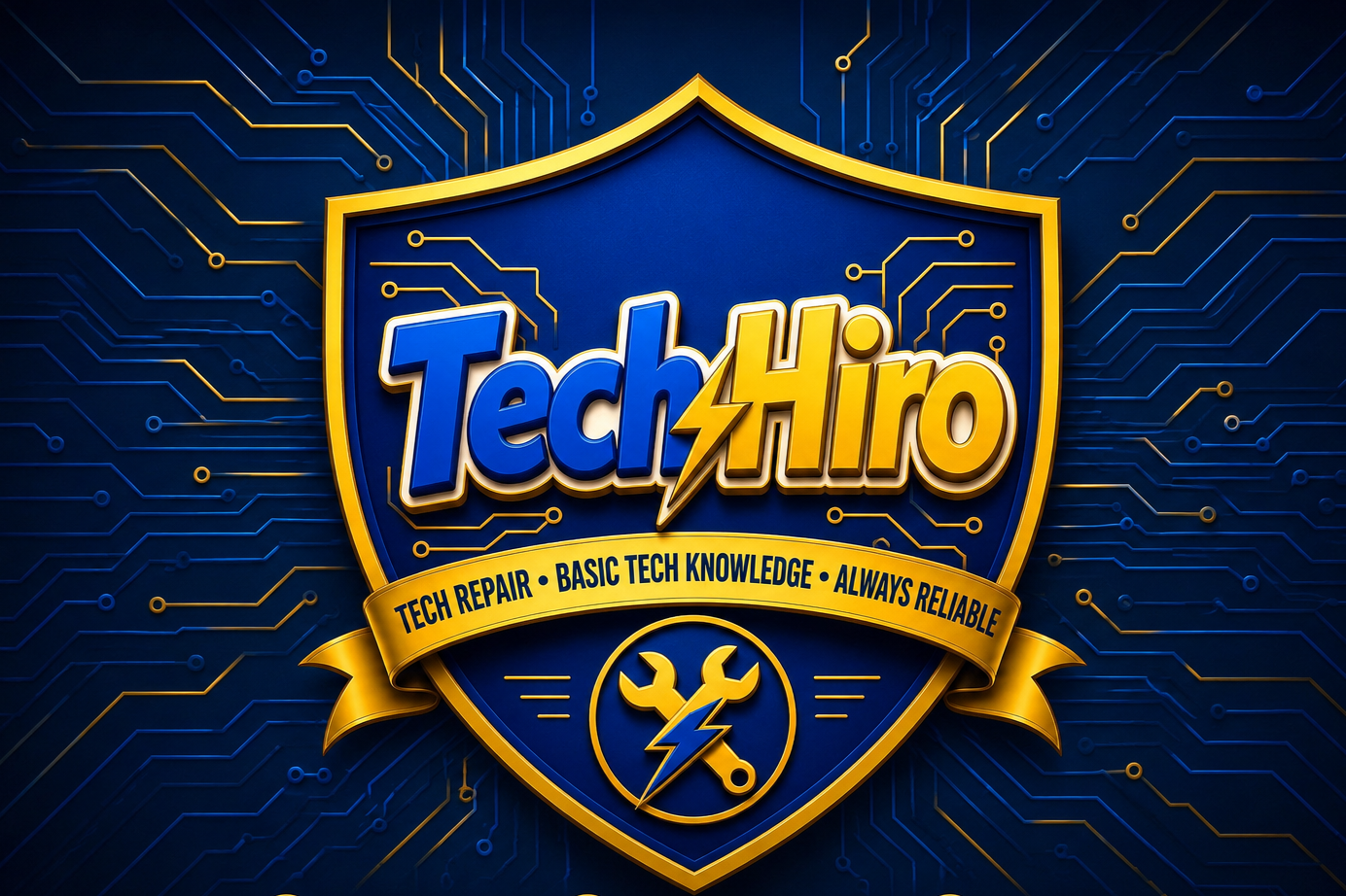 A digital graphic with a blue shield logo outlined in gold, featuring the text 'Tech 4 Hiro' and the slogan 'Tech Repair, Basic Tech Knowledge, Always Reliable' on a gold ribbon, with circuit board patterns in the background.