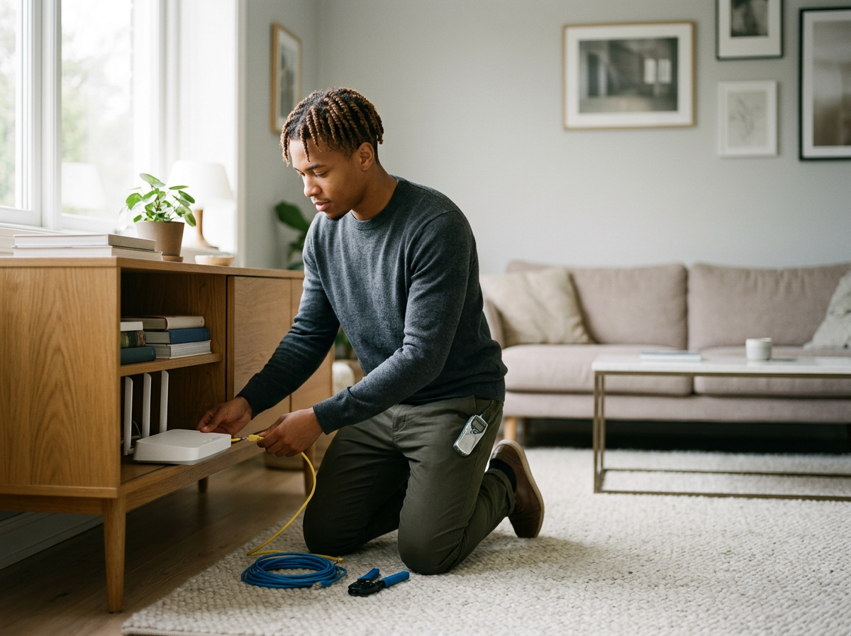 Young man kneeling on carpet, connecting yellow Ethernet cable to a white router on a wooden shelf in a living room with large window, framed pictures on wall, and beige sofa.