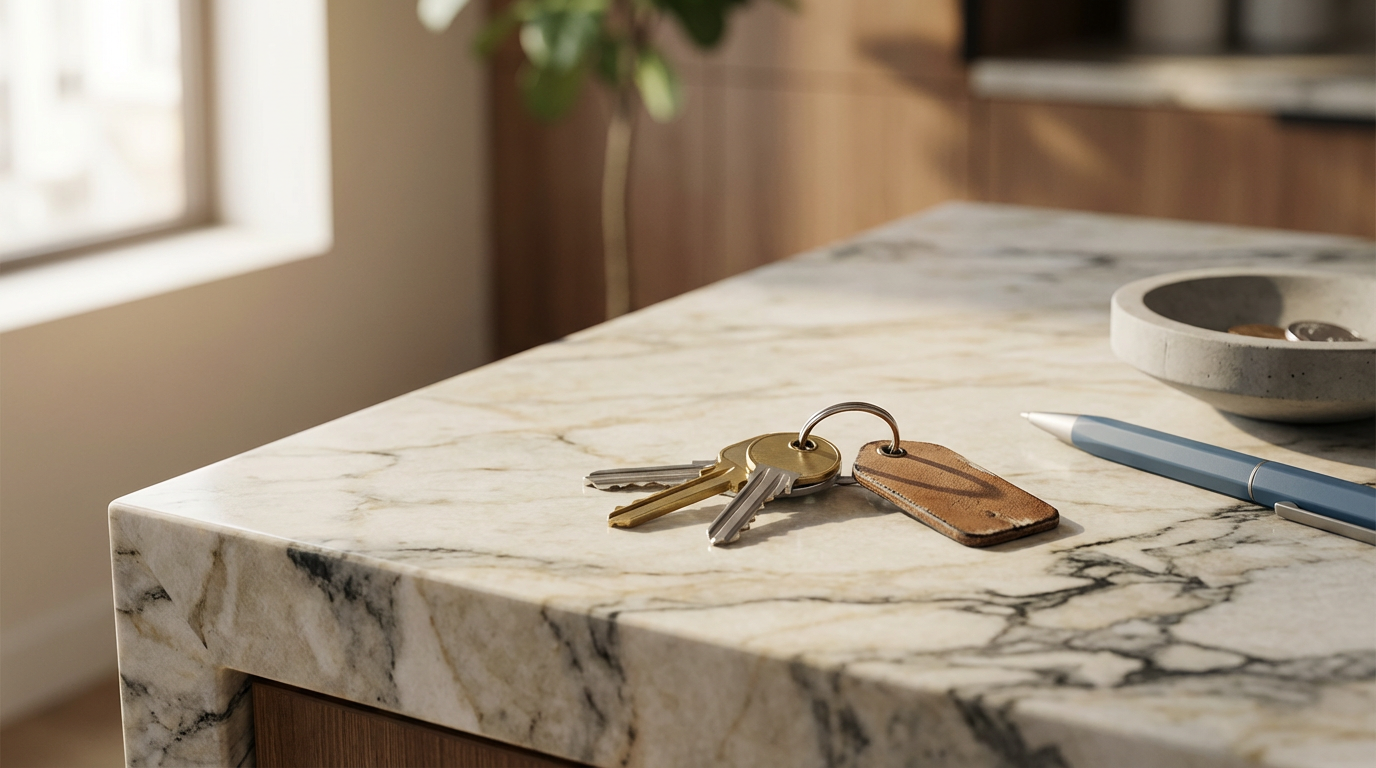 Set of keys and a keychain resting on a marble countertop.