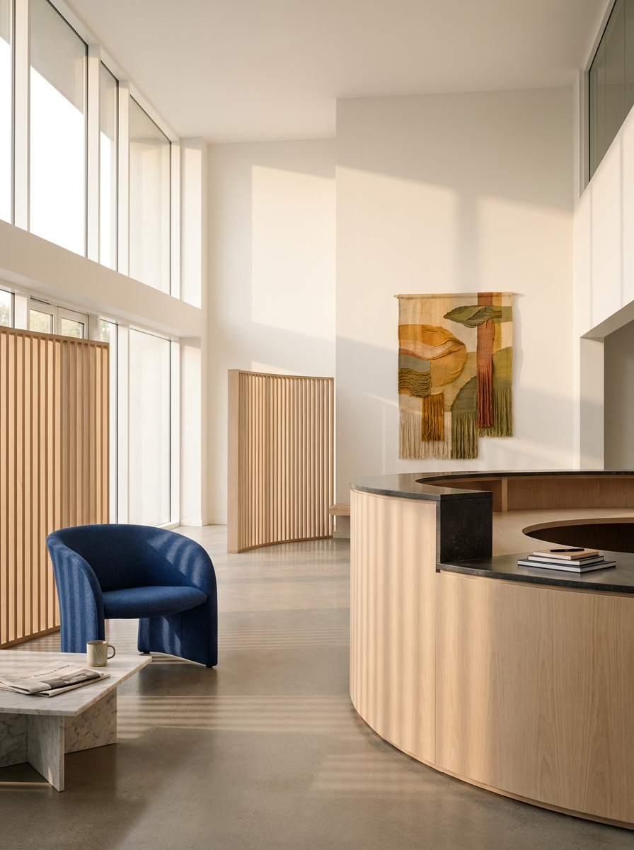 Modern minimalist interior space with large windows, a curved wooden reception desk, a blue upholstered armchair, a small side table with a mug and newspapers, and a colorful abstract textile wall hanging.