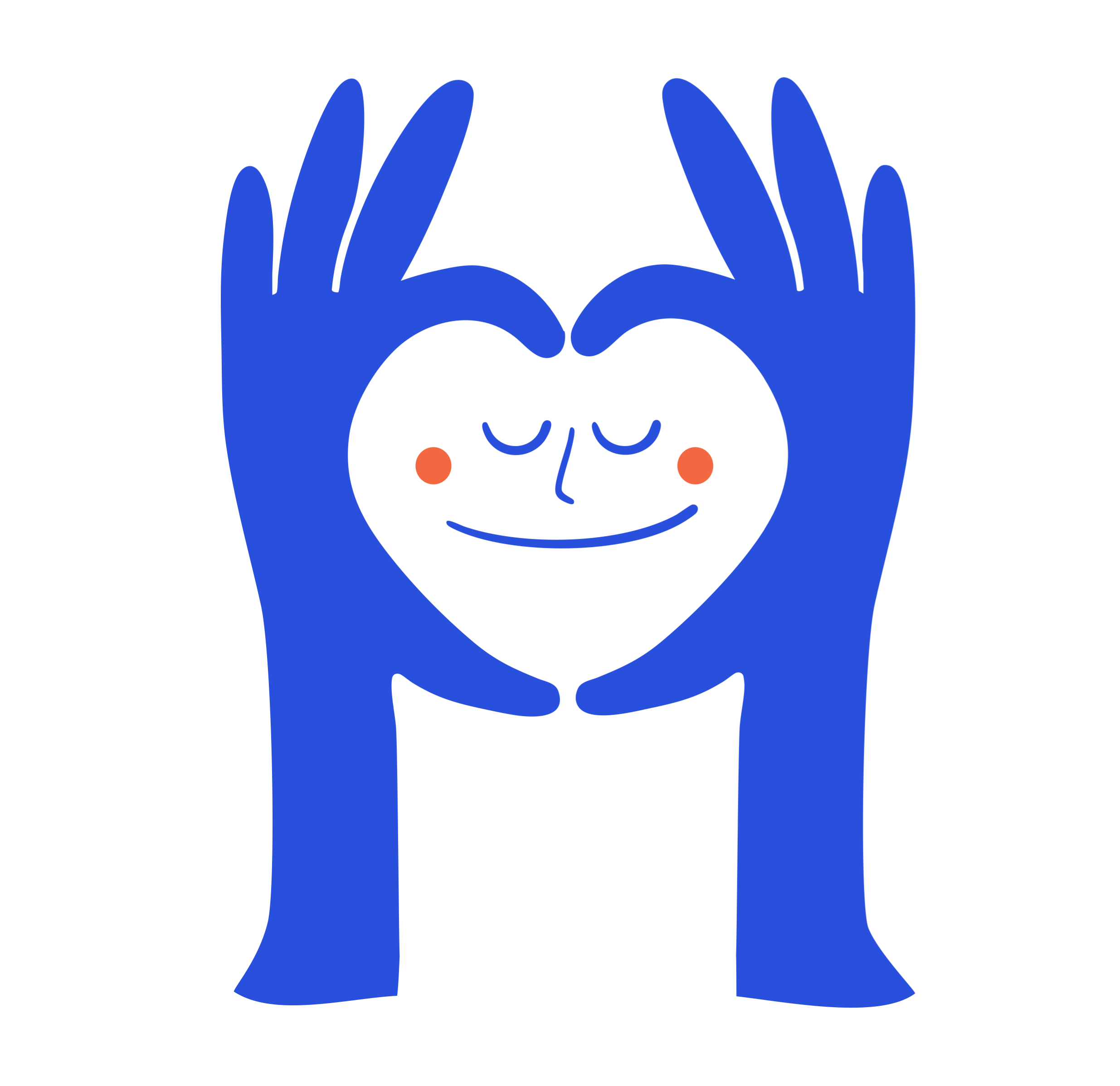 Illustration stylisée d'un visage souriant avec des joues rouges, entouré de mains en position de serre-tête, de couleur bleue.
