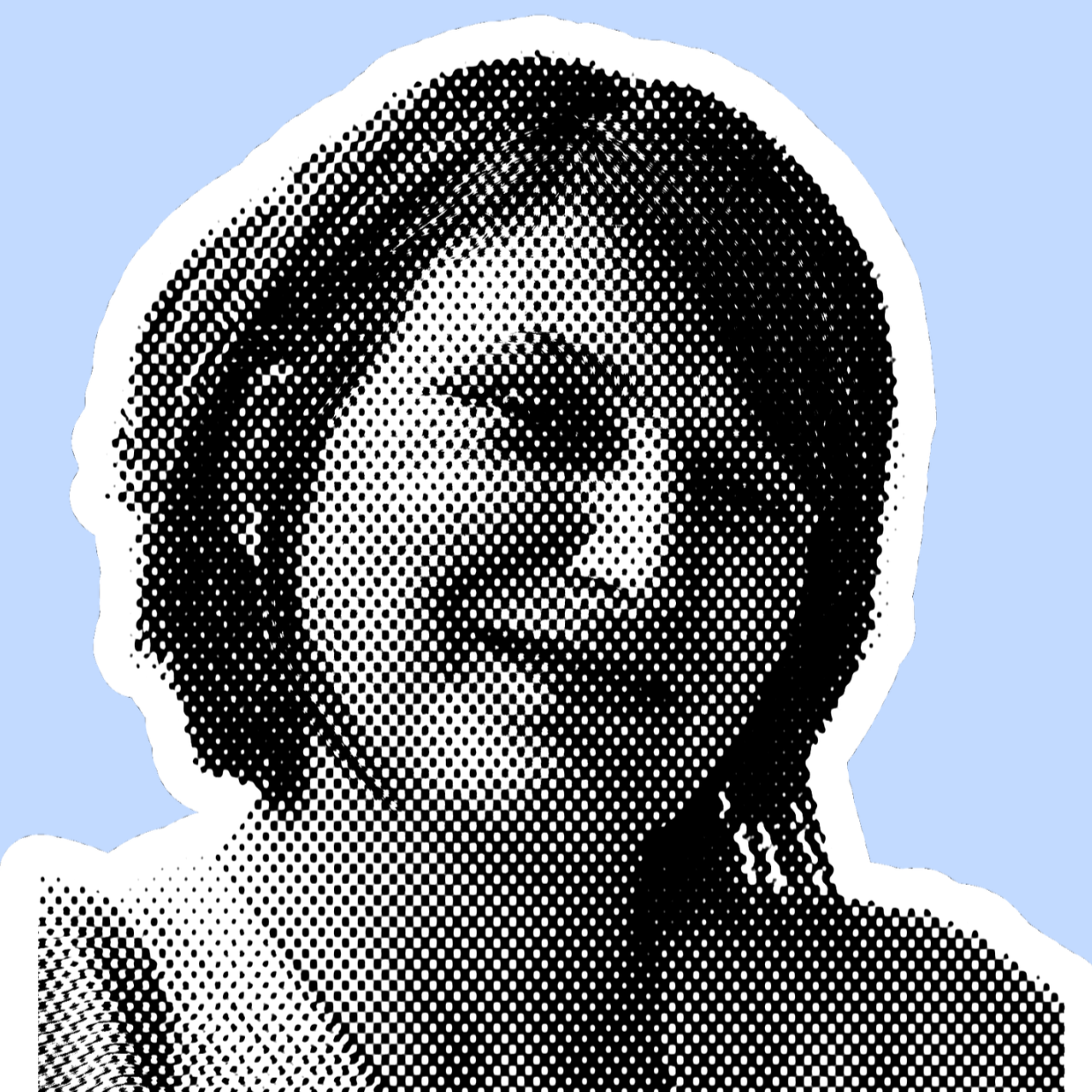 Portrait en style pointilliste d'une femme avec un vêtement à épaules découvertes, fond bleu clair.