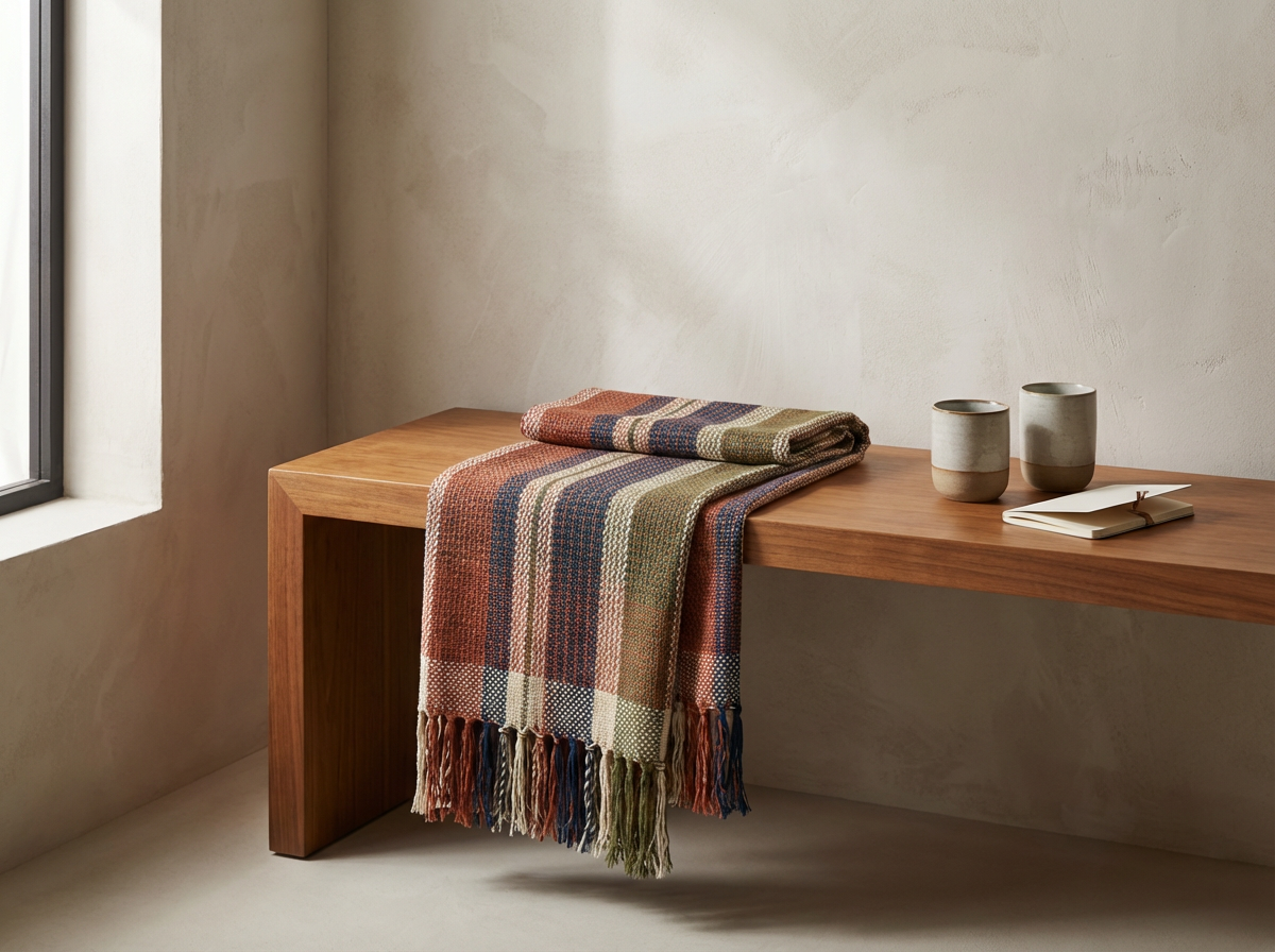 A simple wooden table against a minimalist wall near a window, with a folded checkered blanket, two ceramic cups, and a small notebook placed on it.