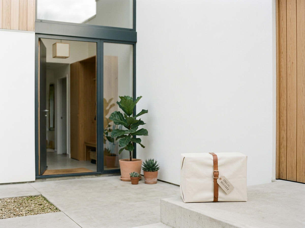 A white cardboard box with a leather strap and a tag labeled 'special delivery' sitting on a concrete step outside a modern house with wooden and glass exterior, potted plants nearby.