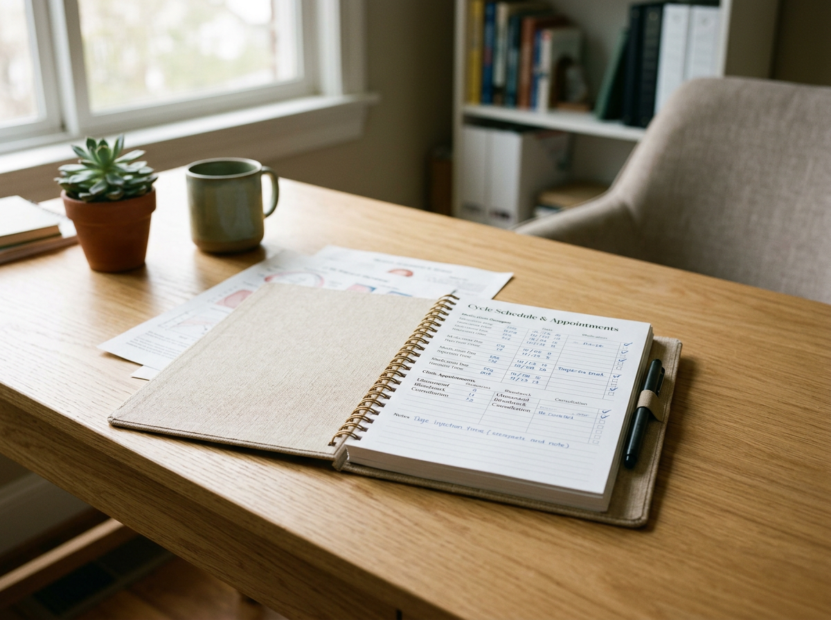 A wooden desk with a beige planner, a black pen, a potted succulent, a green mug, and some papers near a window in a cozy office space with a bookshelf and a beige chair.