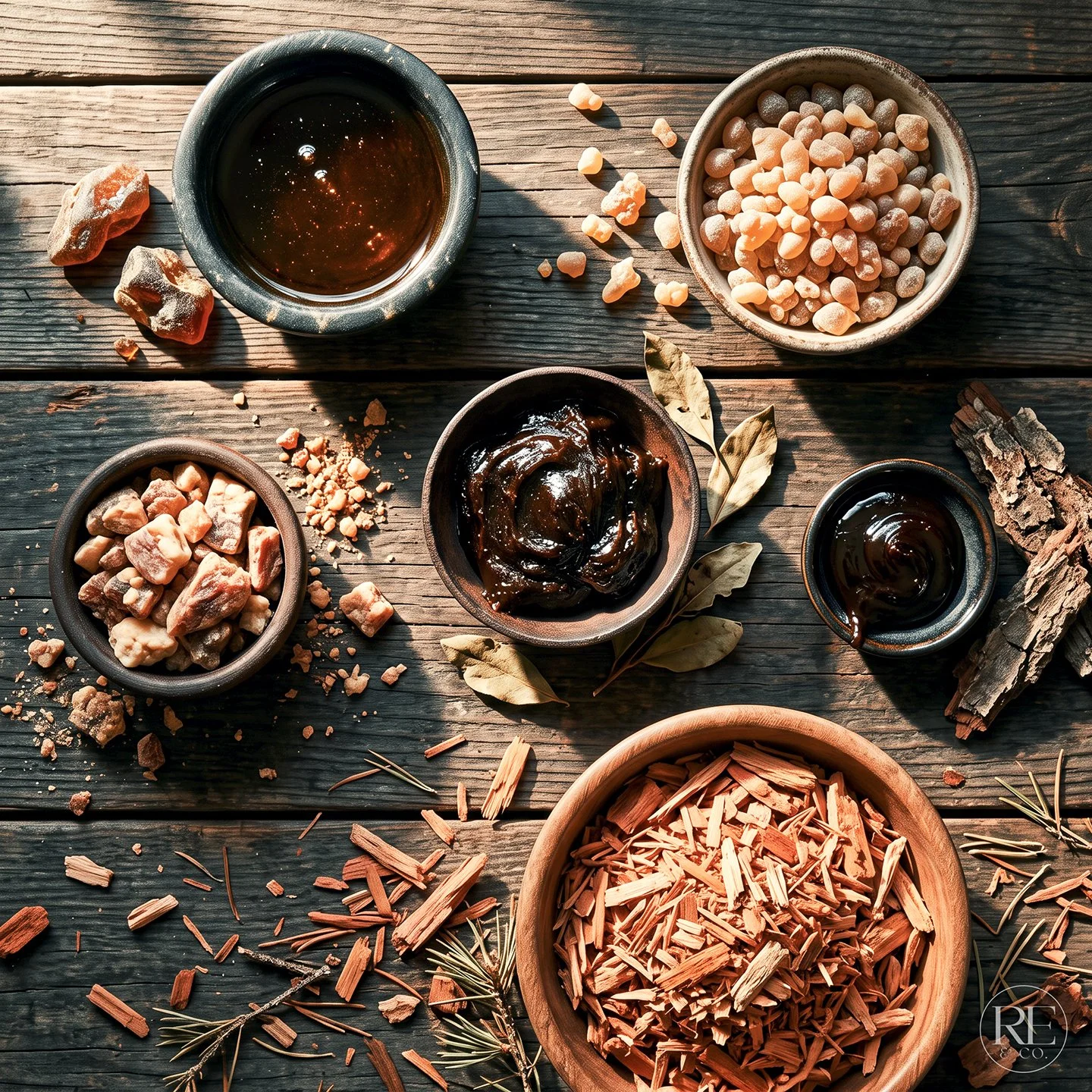 Assorted natural ingredients and supplies for soap making, including dried botanicals, wax, resin, oils, and wooden sticks on a rustic wooden surface.