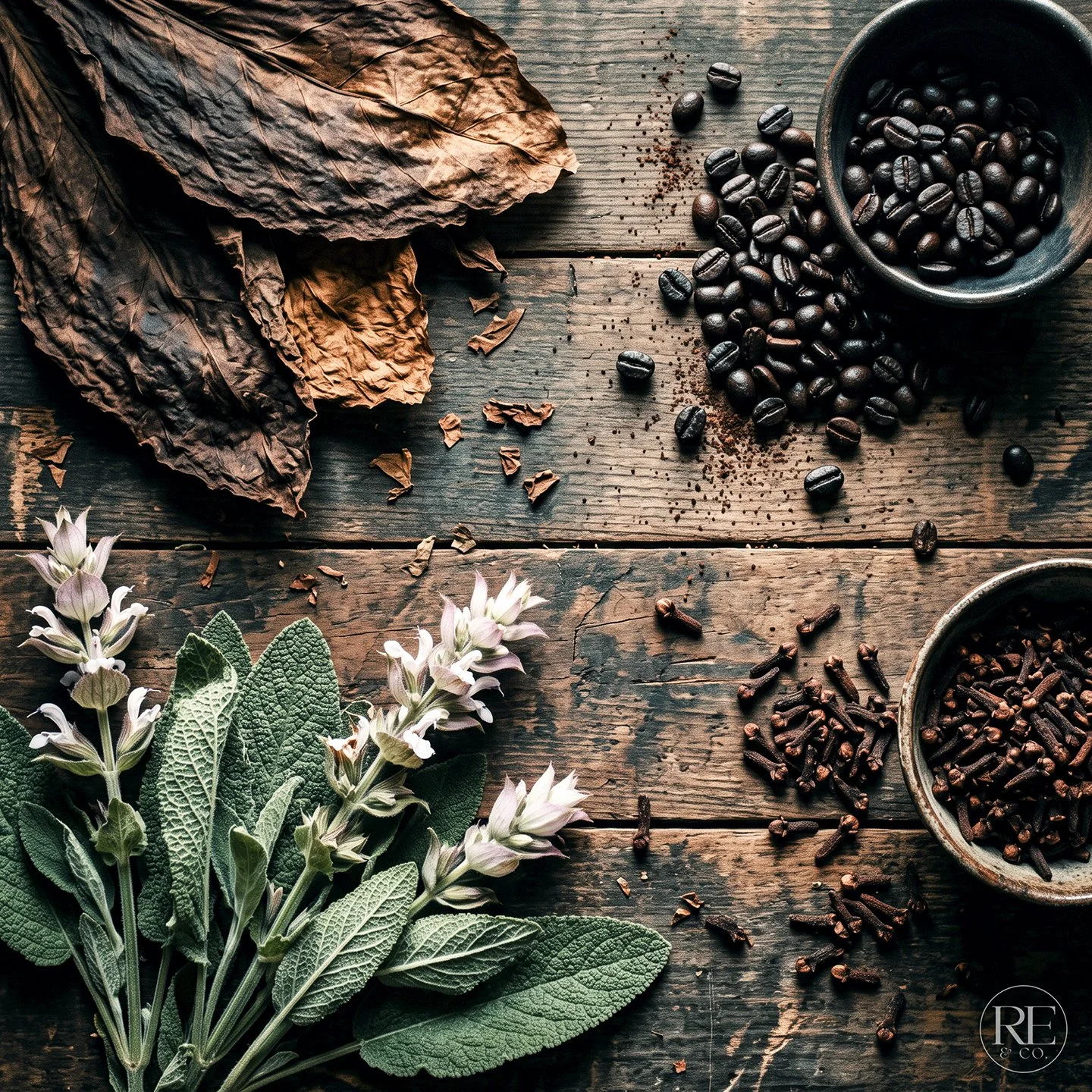 Dried tobacco leaves, black coffee beans, and fresh sage and lavender herbs on a rustic wooden surface.
