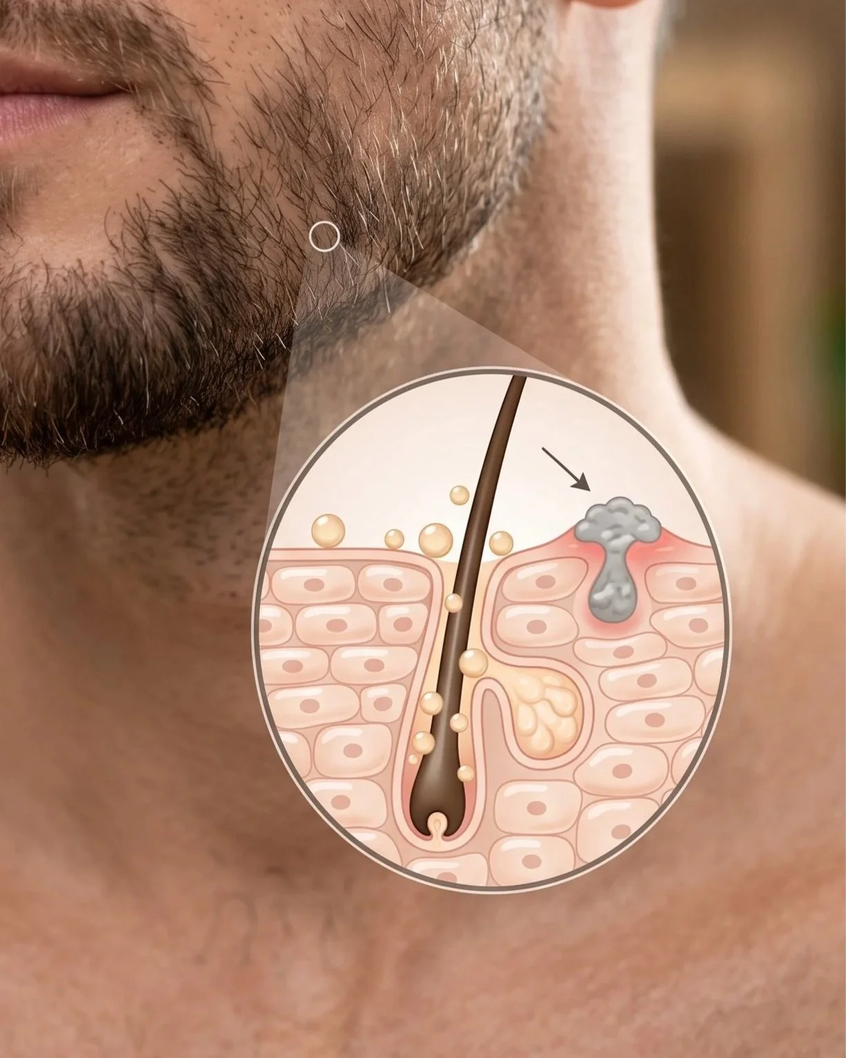 Close-up of a man's beard with an inset diagram showing the anatomy of a clogged pore and pimple on the skin.