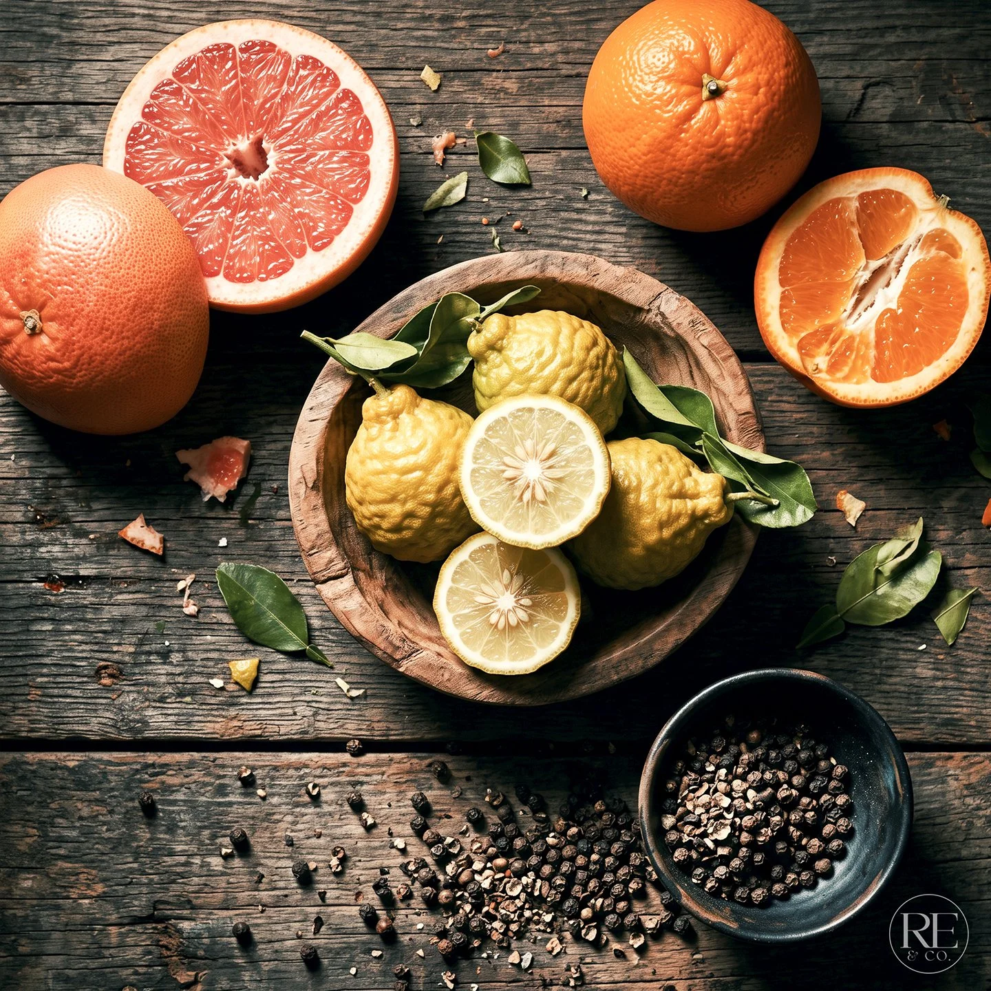 A rustic wooden table with assorted citrus fruits including oranges, grapefruits, and lemons on a wooden surface. There is a bowl of kaffir limes with leaves in the center, half a lemon and a slice of lemon, and scattered peppercorns.