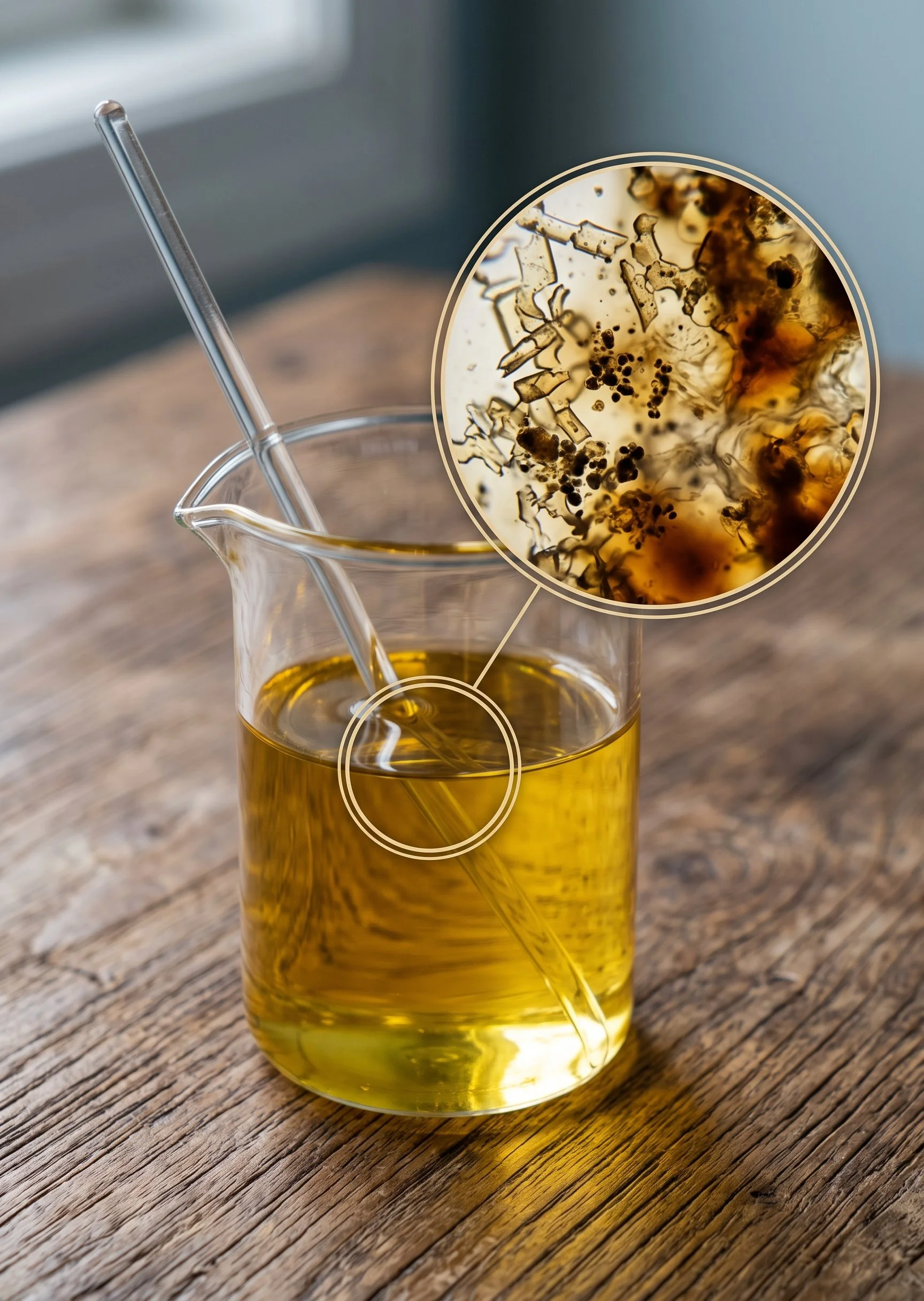 A glass beaker filled with yellow liquid on a wooden surface, with a glass stirring rod inside it. An inset circle shows a close-up of a mixture of botanicals and herbs in the liquid.