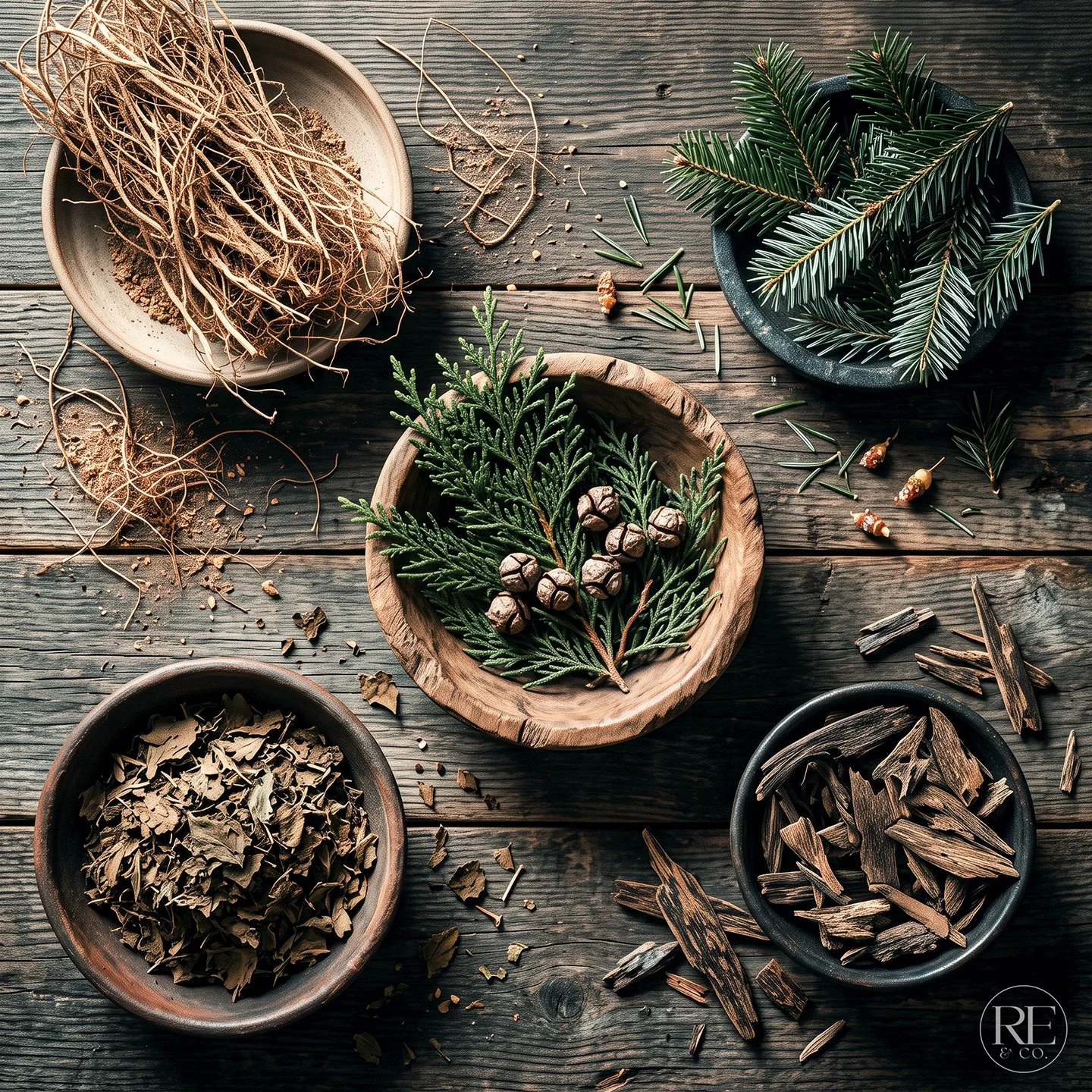 Various natural pine and evergreen sprigs, bark, and pinecones in bowls on a rustic wooden table, likely for decoration or craft purposes.