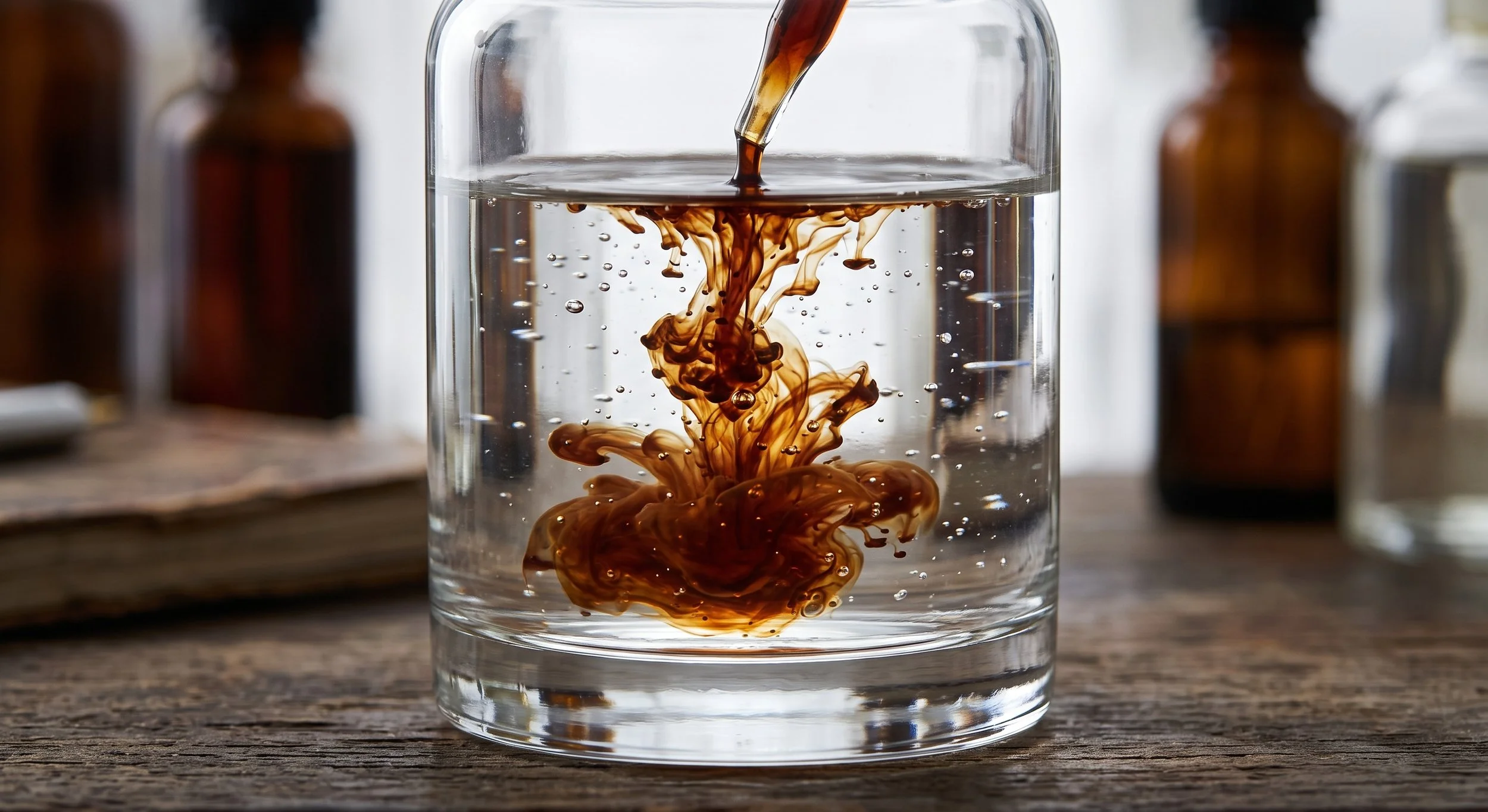 Coffee or dark liquid being poured into clear glass of water, creating swirling patterns and bubbles.