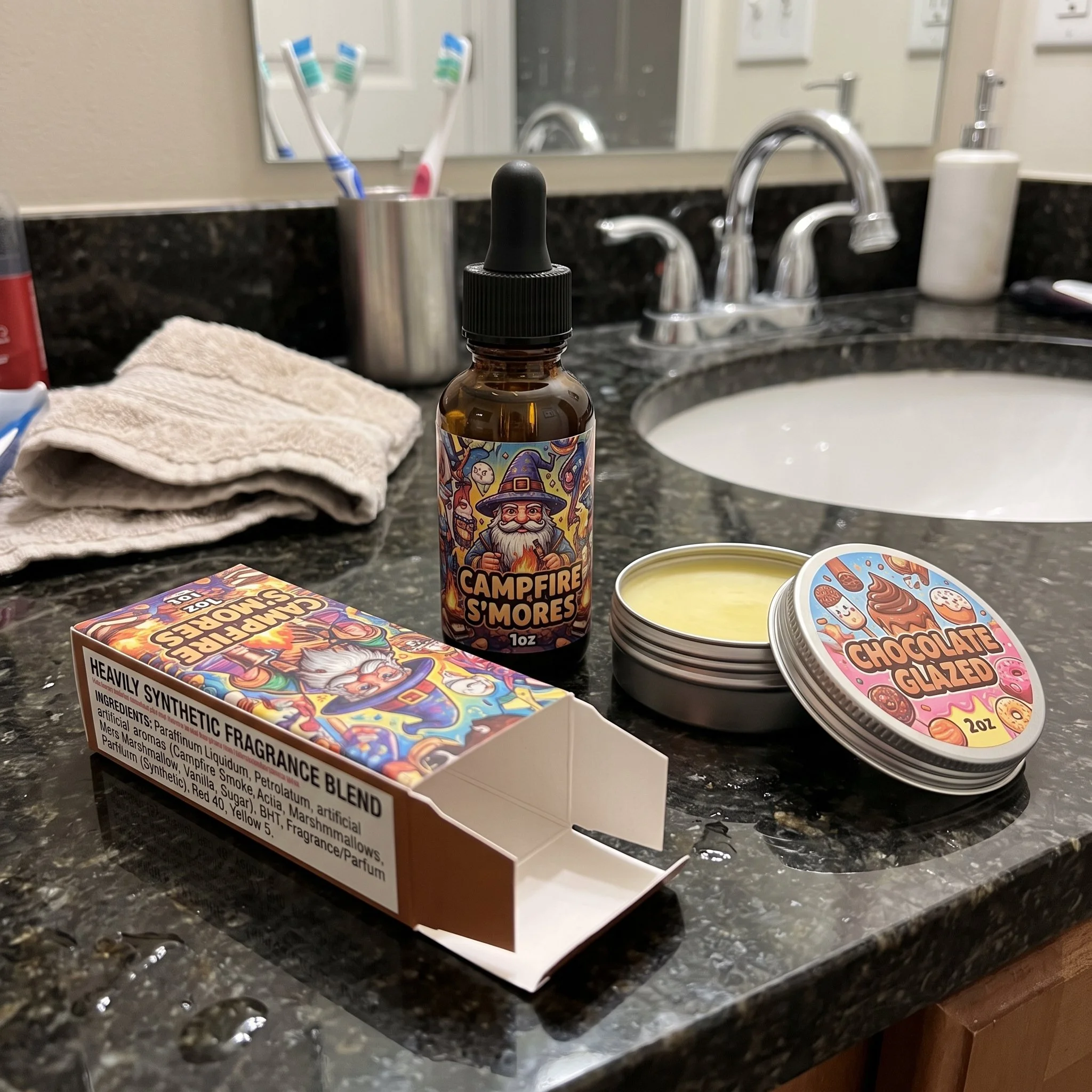 Novelty men's beard oil and balm products with cartoon graphics and synthetic campfire fragrances.