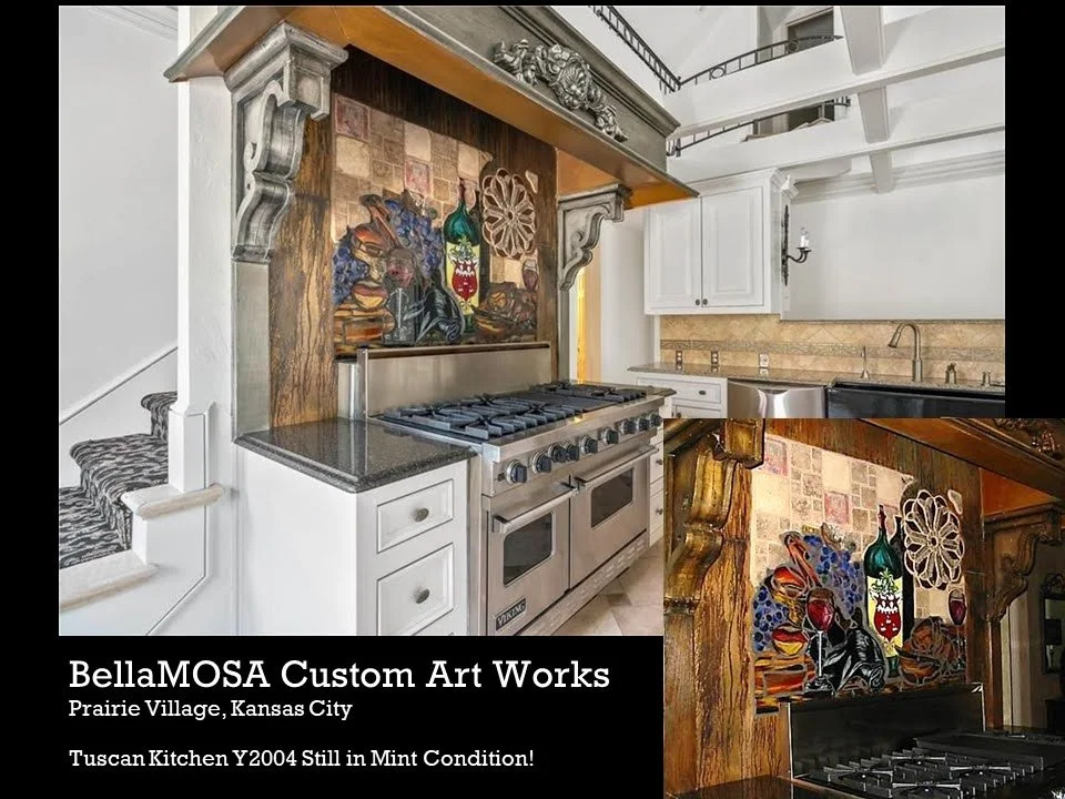 Close-up of a kitchen stove with custom mural art of colorful abstract shapes, a dog, wine bottles, and decorative woodwork behind it.