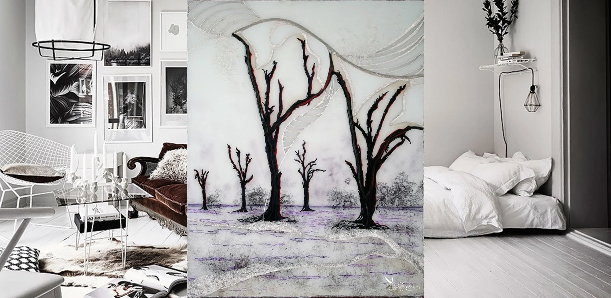 The third of my tree silhouette landscape series 'TreeSCAPES aka: SpringNOIR ', this 20in x 30in glass painting mosaic original abstract realism tree landscape speaks of a place in the north or Midwest United States in the midst of winter and snow ev