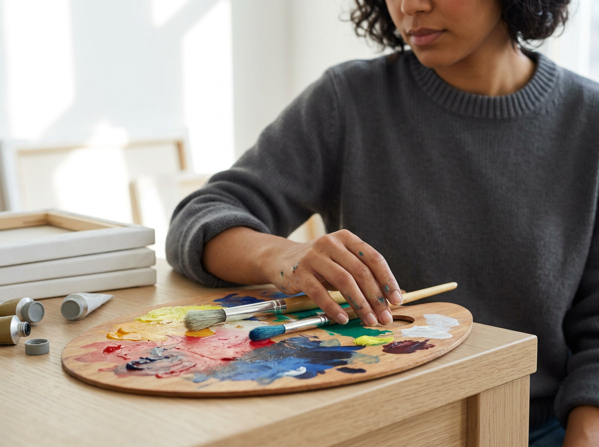 A person painting with various colors on a wooden palette using paintbrushes, with paint tubes nearby.