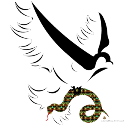 A stylized black and white bird with outstretched wings and a coiled snake at its feet.