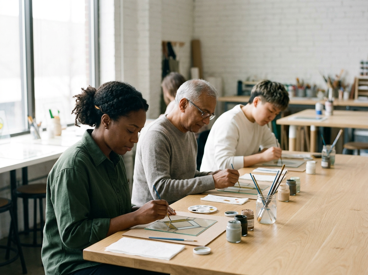 People sitting at a wooden table painting on glass with small jars of paint and brushes in a bright room.