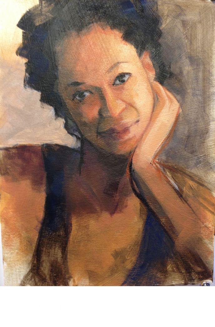 A digital painting of a woman with short curly hair, resting her head on her hand, looking at the viewer with a gentle smile.