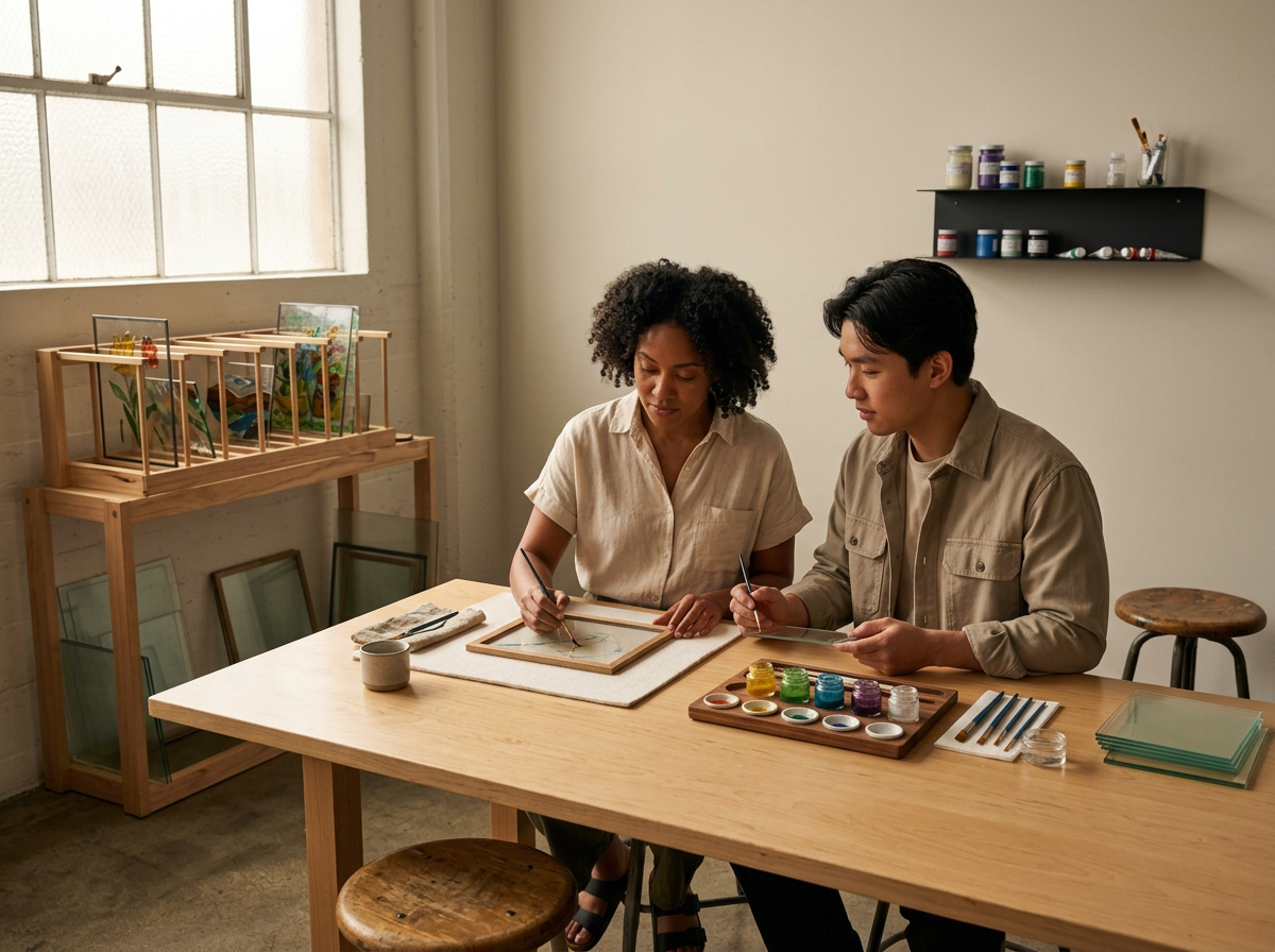 Two people sitting at a wooden table painting on glass frames in an art studio, with jars of paint and painting tools on the table.