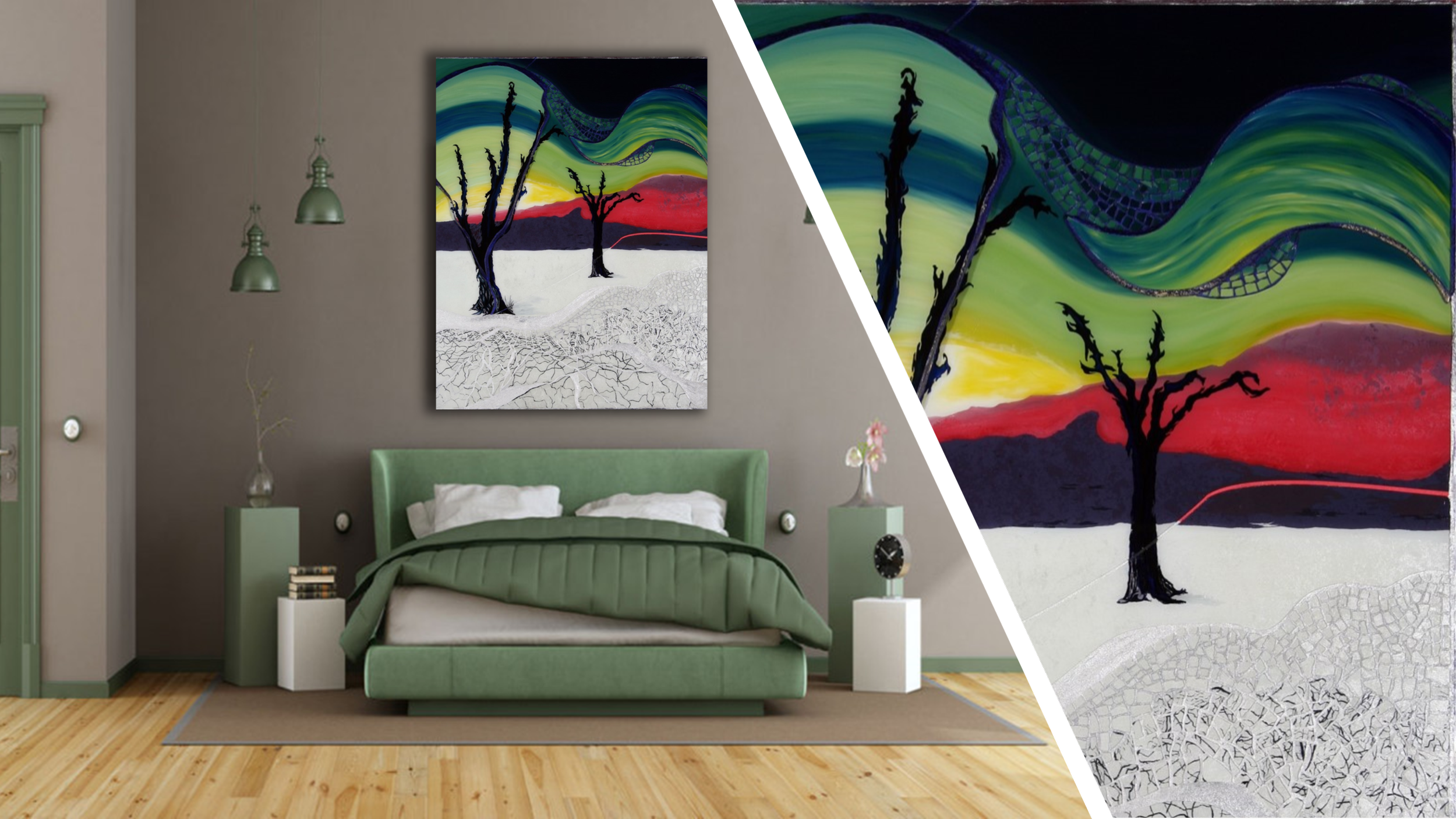 The second of my tree silhouette landscape series 'TreeSCAPES', this 20 x 30in mosaic glass painting, the original 'NeonAIR' abstract realism tree landscape speaks of a place in the desert where the sand is as white as snow. It takes place in the mid