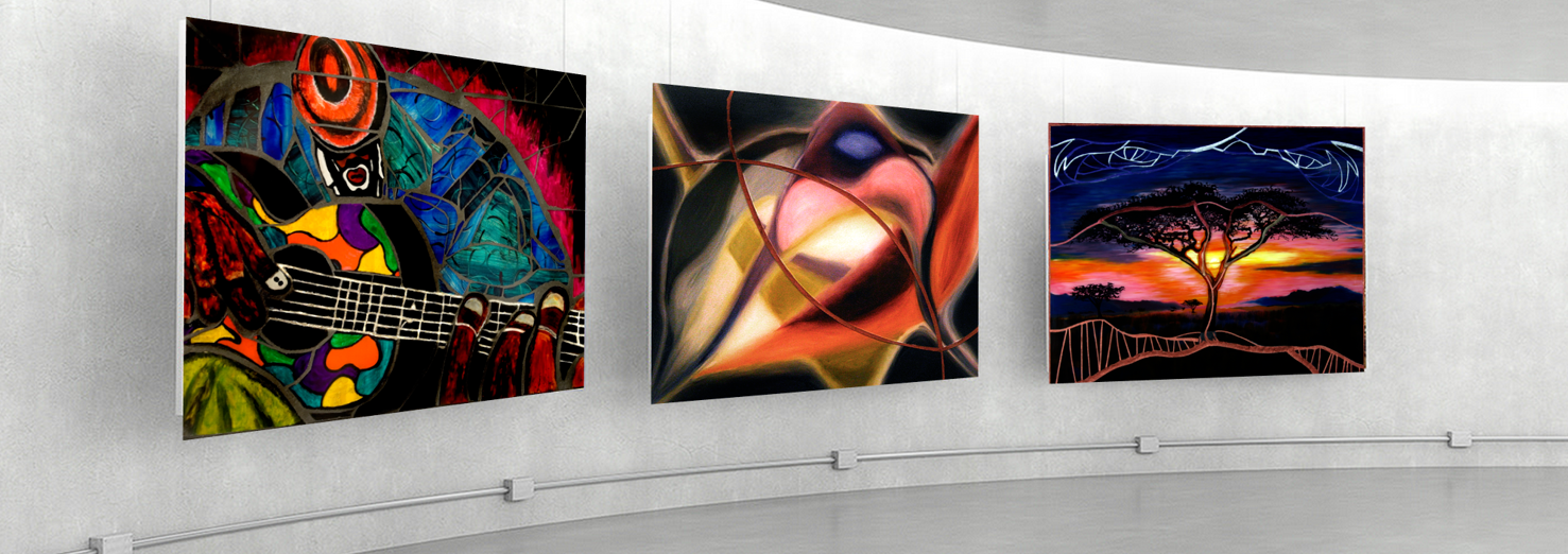 Three abstract paintings displayed on a curved white wall in an art gallery.