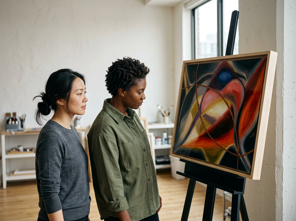 Two women observe an abstract painting on an easel in an art studio.
