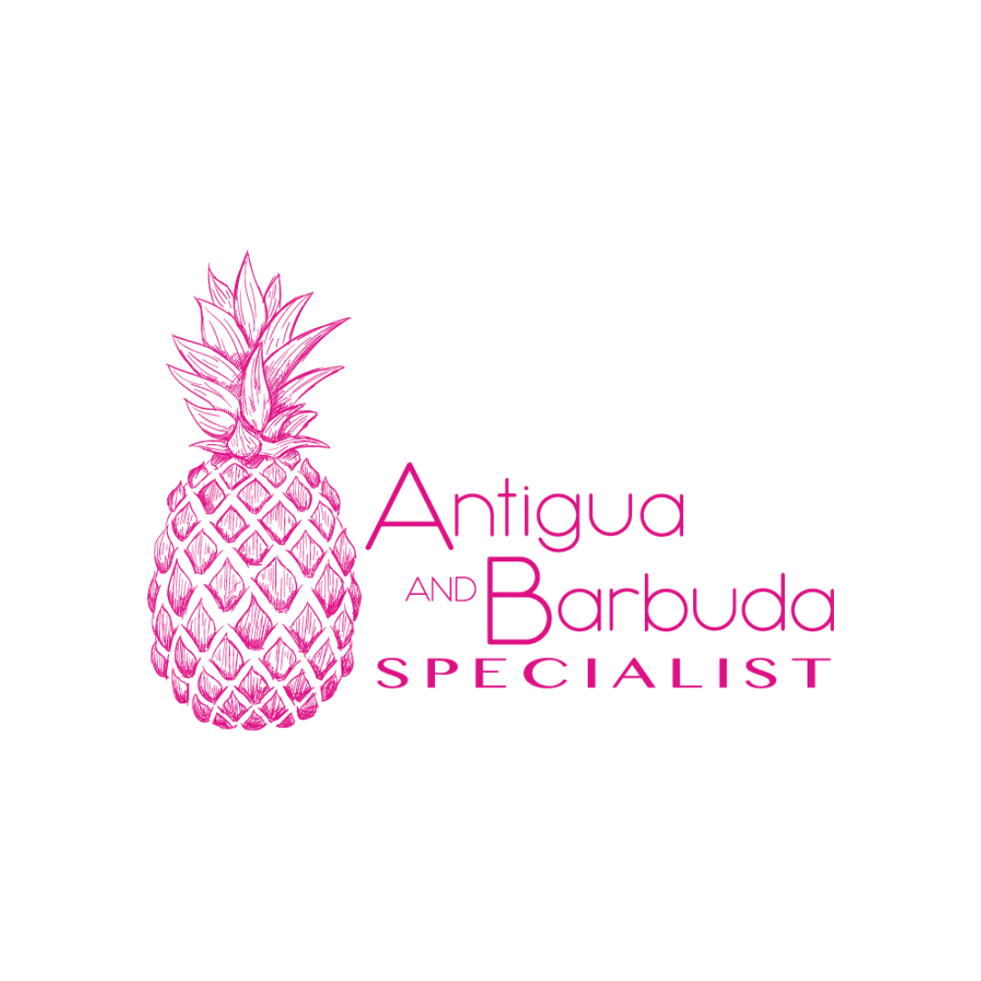 Pink illustration of a pineapple with the text "Antigua and Barbuda Specialist" on a black background.