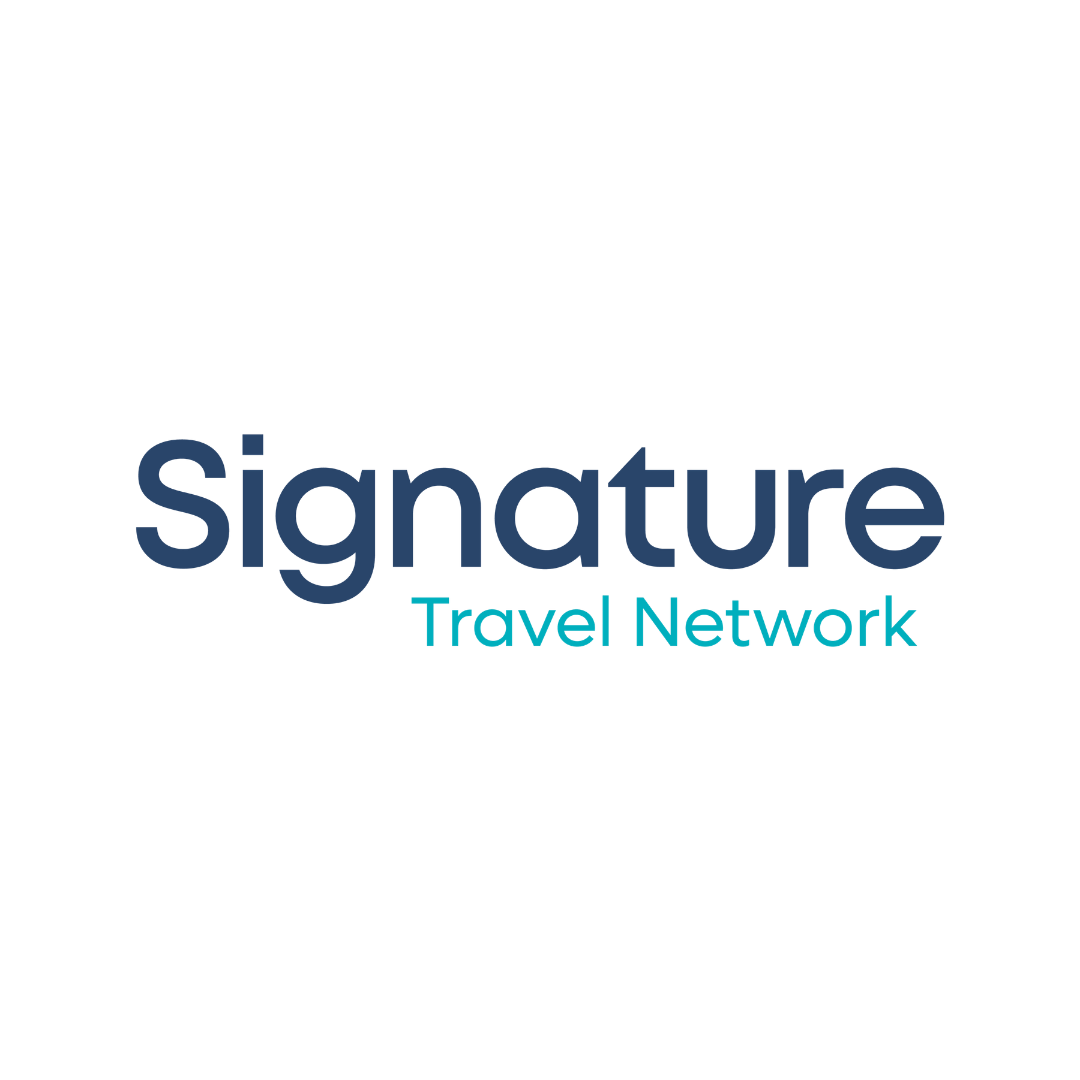 Signature Travel Network logo with a black background, large stylized word 'Signature' in dark blue, and smaller 'Travel Network' in cyan below it.