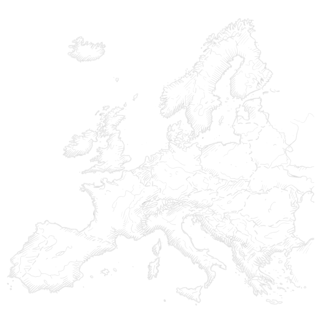 Black and white line drawing of a map of Europe, showing the continent's outline with detailed internal borders and geographic features.