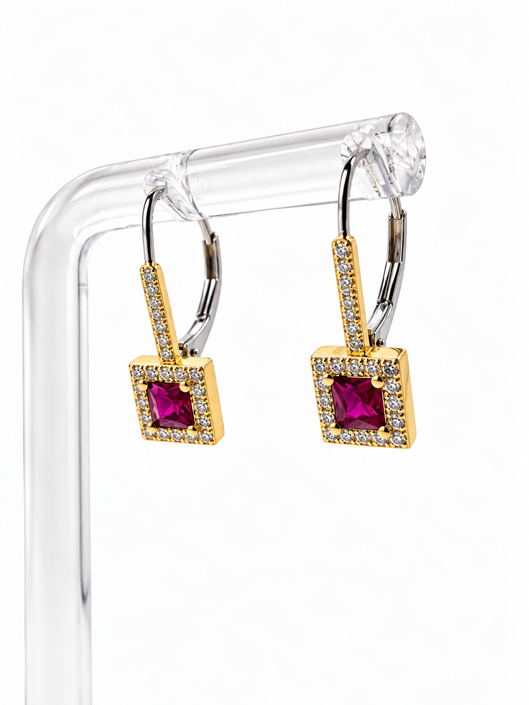 Ruby & Diamond Square Halo Drop Earrings