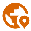Orange logo featuring a stylized globe with a magnifying glass