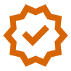 A black checkmark inside a black circle with an orange border.