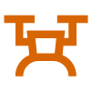 A stylized black and orange logo resembling a face with eyes and a mustache.