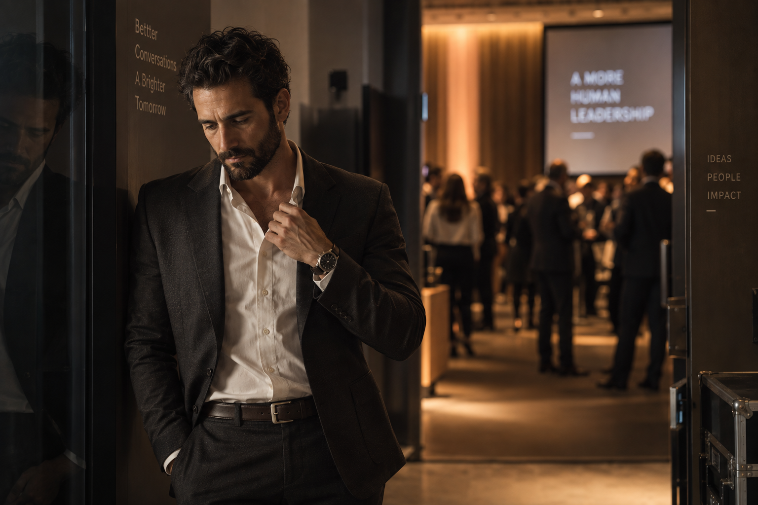 A man in a dark suit and white shirt leaning against a wall in a conference center, looking down while adjusting his collar. In the background, there is a crowd of people mingling at a networking event with a large screen displaying the text "A MORE HUMAN LEADERSHIP."