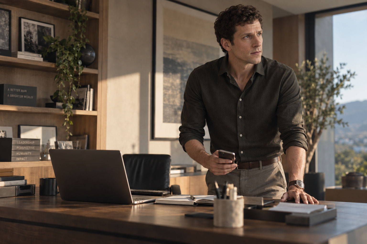 A man in a dark shirt and khaki pants standing at a wooden desk, holding a smartphone and looking to the side in a modern office with bookshelves and a large window showing a city view.