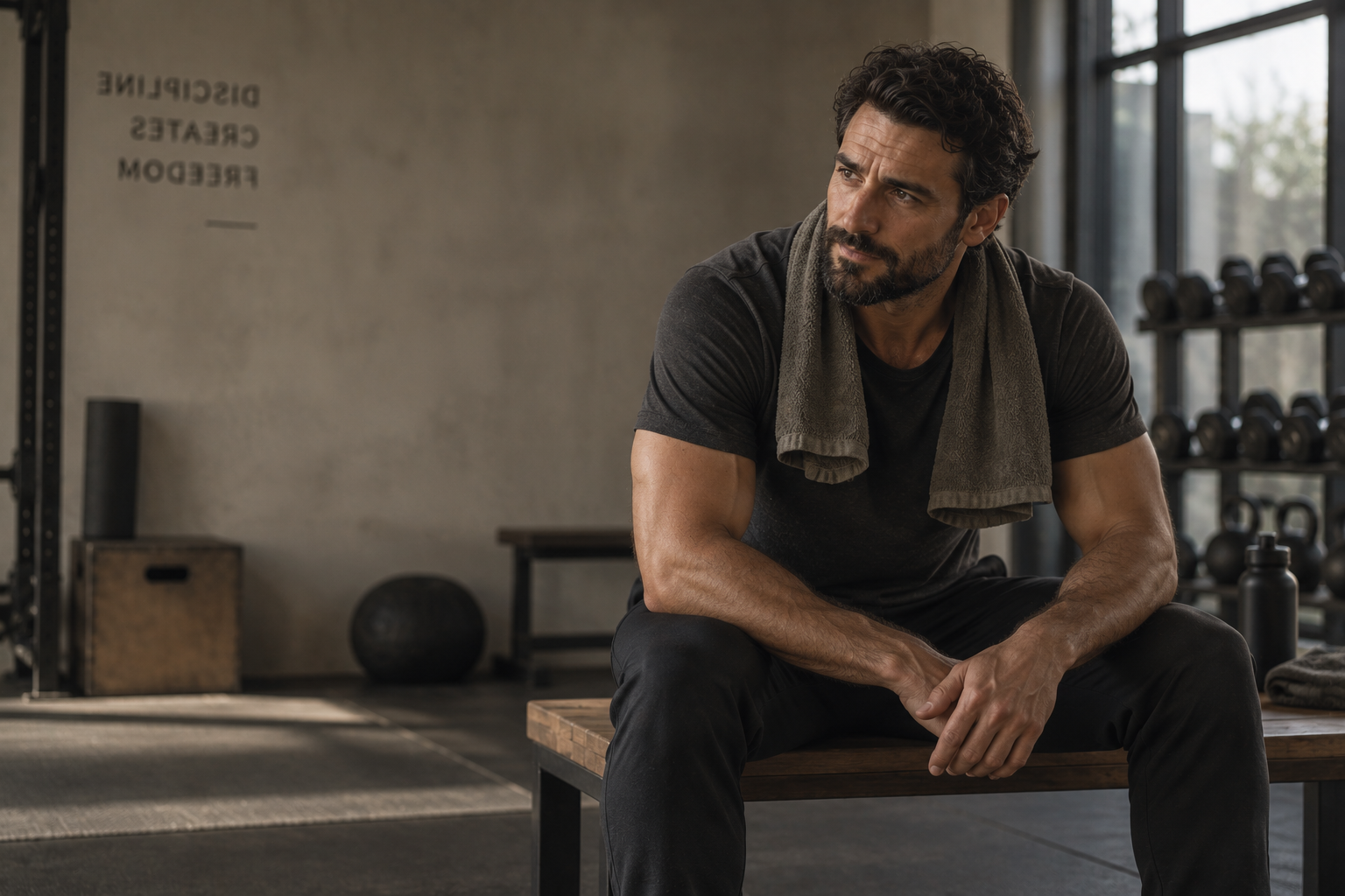 Man sitting on a bench in a gym, resting after workout, with a towel around his neck, surrounded by gym equipment.