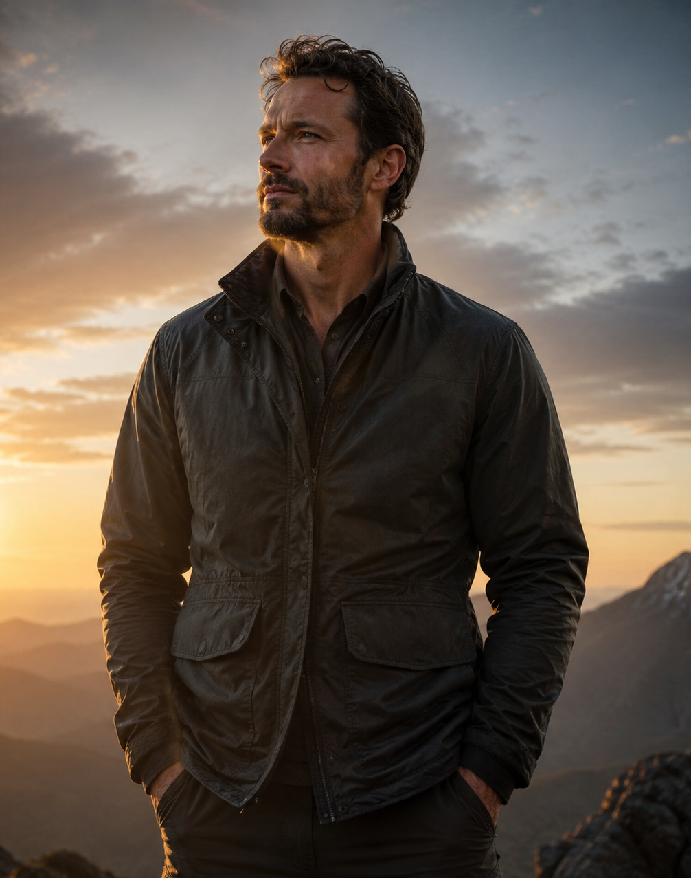 A man with dark, wavy hair and a beard stands outdoors during sunset, wearing a black jacket and looking into the distance with mountains and a partly cloudy sky behind him.