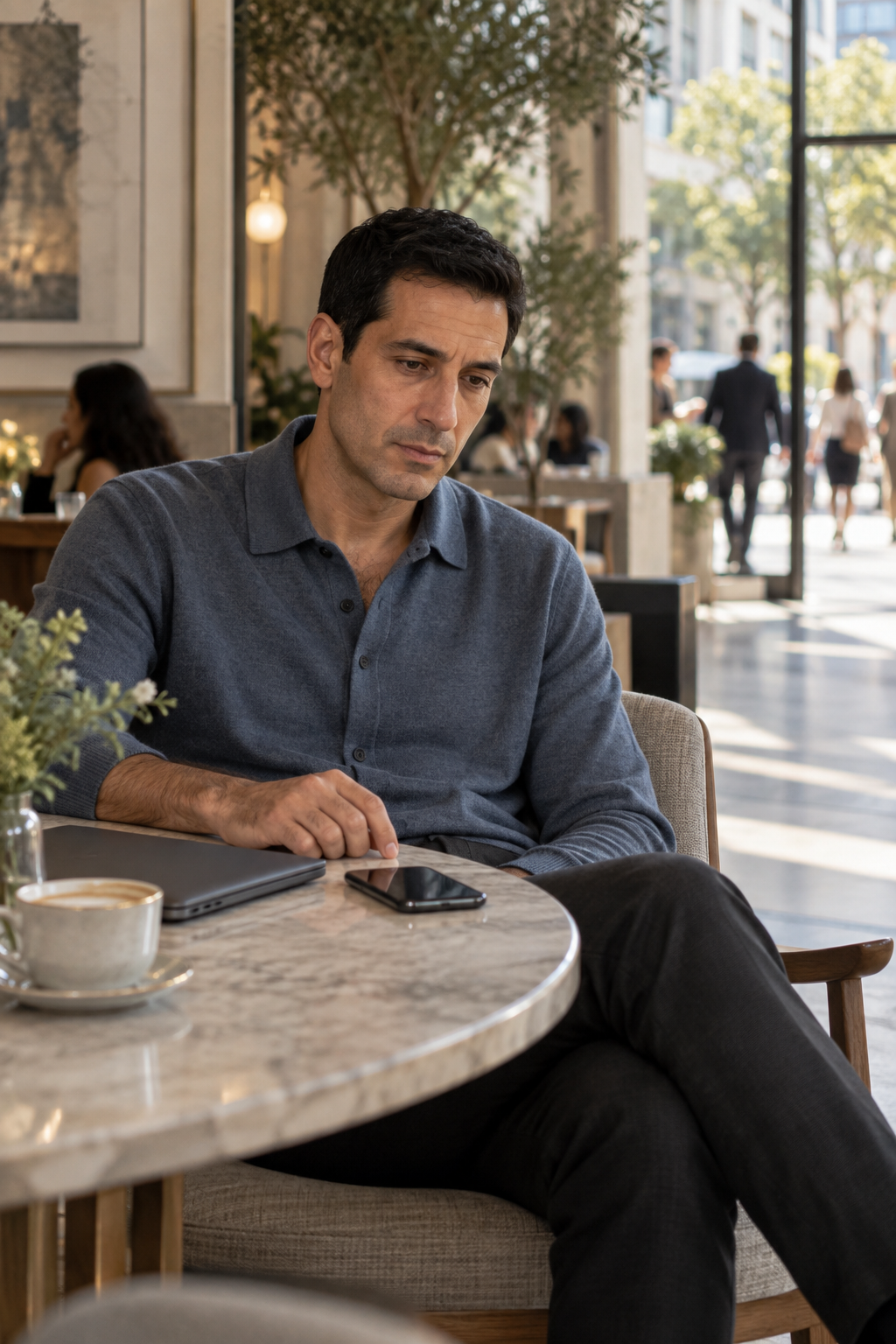 A man sitting alone at a cafe table, looking at his phone with a cup of coffee and a laptop in front of him, during daytime.