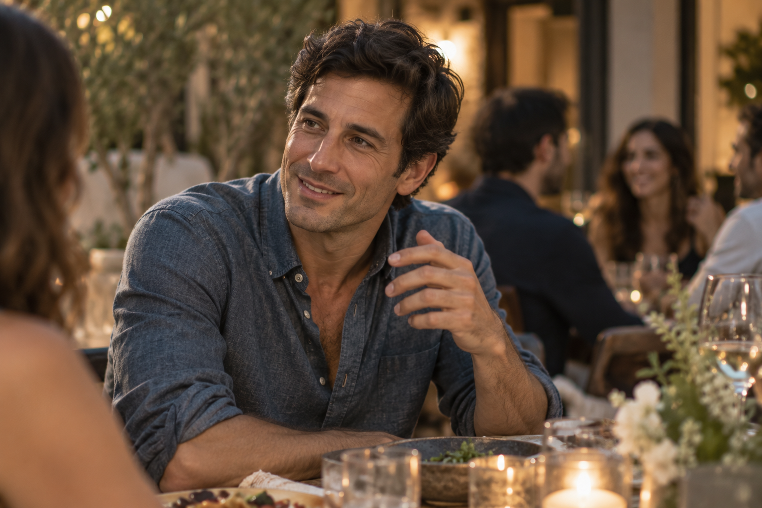 A man with dark wavy hair and a blue denim shirt smiling and engaging in conversation at a dinner gathering with others in a warm, outdoor setting with candles and floral decorations.