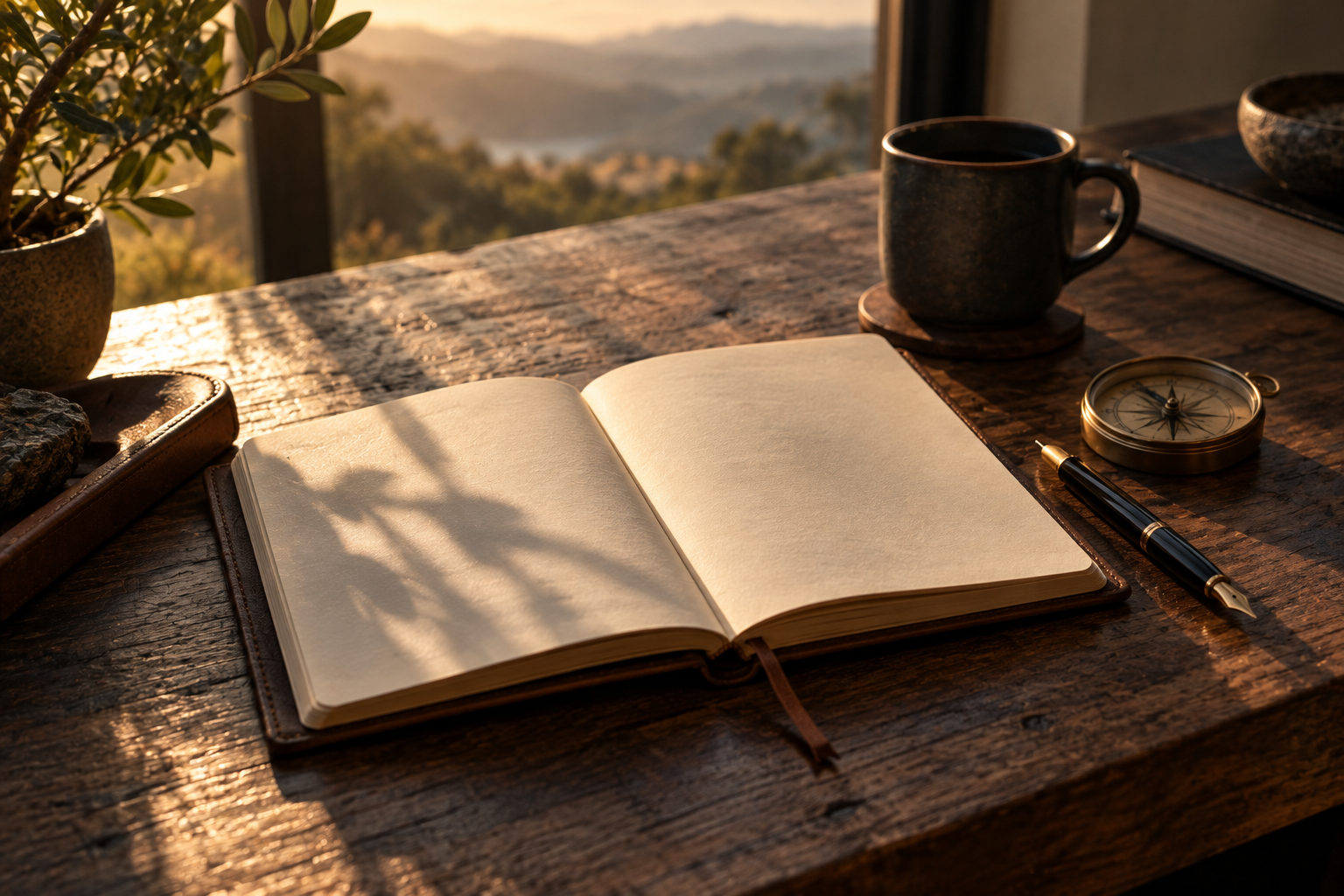 Open blank notebook, fountain pen, compass, and coffee mug on a rustic wooden desk overlooking sunlit mountains.