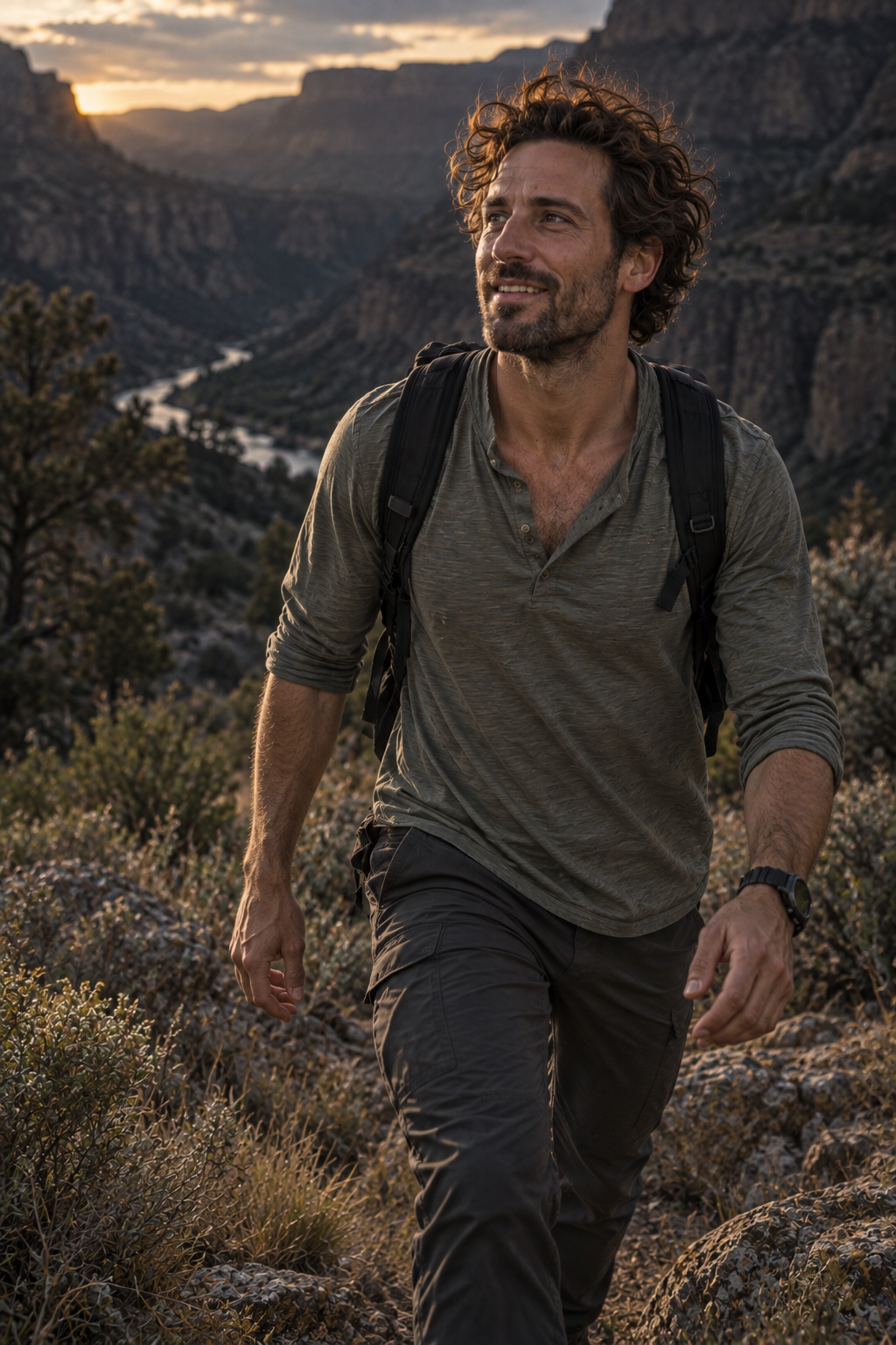 A man hiking along a mountainous trail during sunset, carrying a backpack, with cliffs and a river in the background.