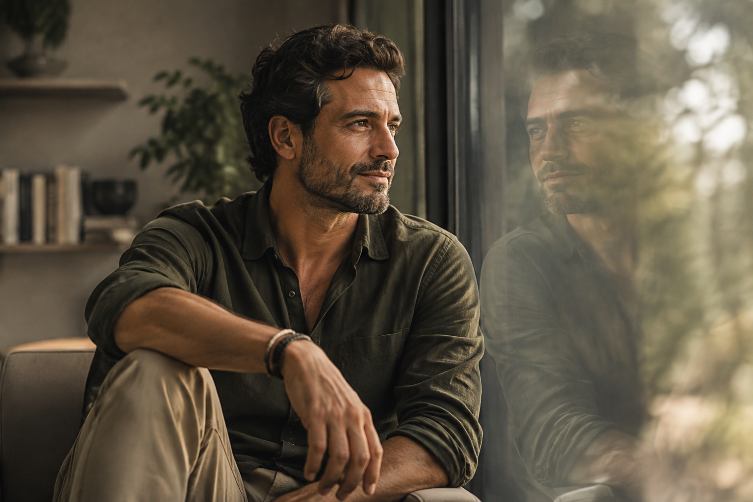 Bearded man sitting by a window, gazing thoughtfully at his reflection in the glass.