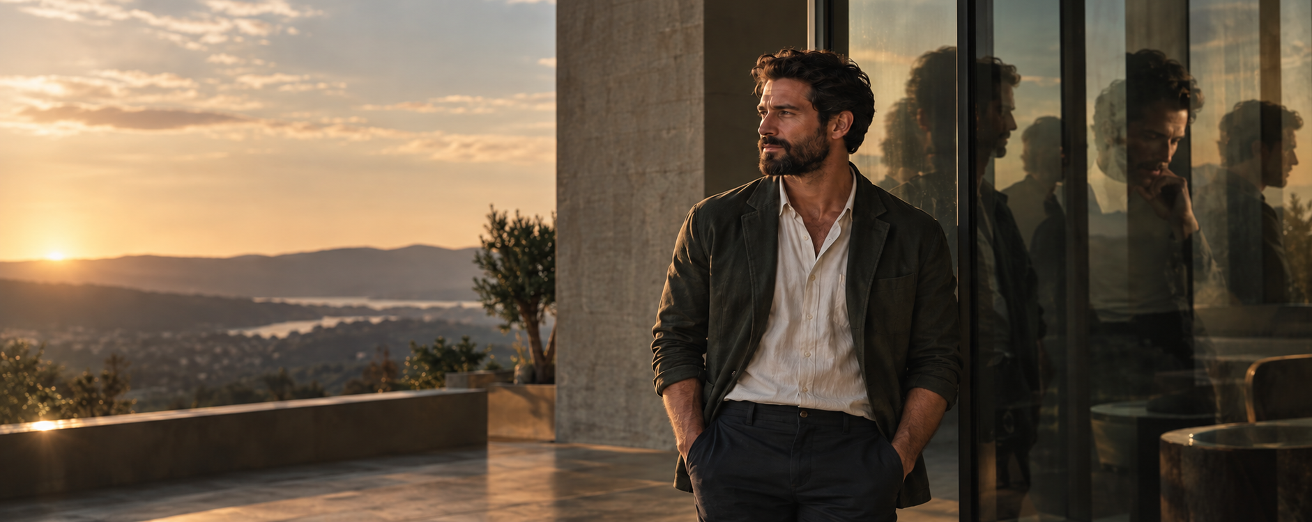 A man with dark hair and a beard stands outside near a glass wall at sunset, with a scenic view of hills, water, and a partly cloudy sky in the background.