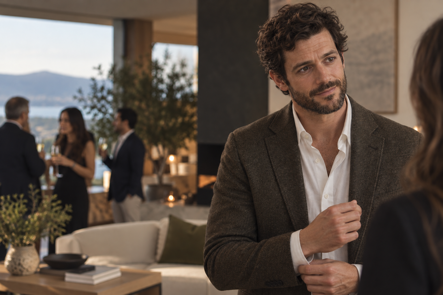 Man with curly hair and beard in a brown blazer talking to a woman in a black outfit at a social gathering in a modern room with large windows and a view of mountains.