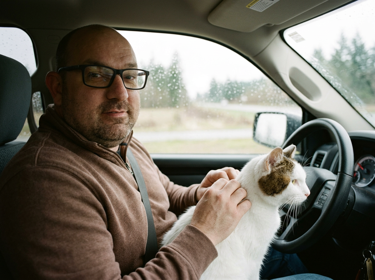 A man with glasses and a brown jacket sitting in the driver's seat of a vehicle, petting a white and brown cat on his shoulder, with a rainy landscape visible through the window.