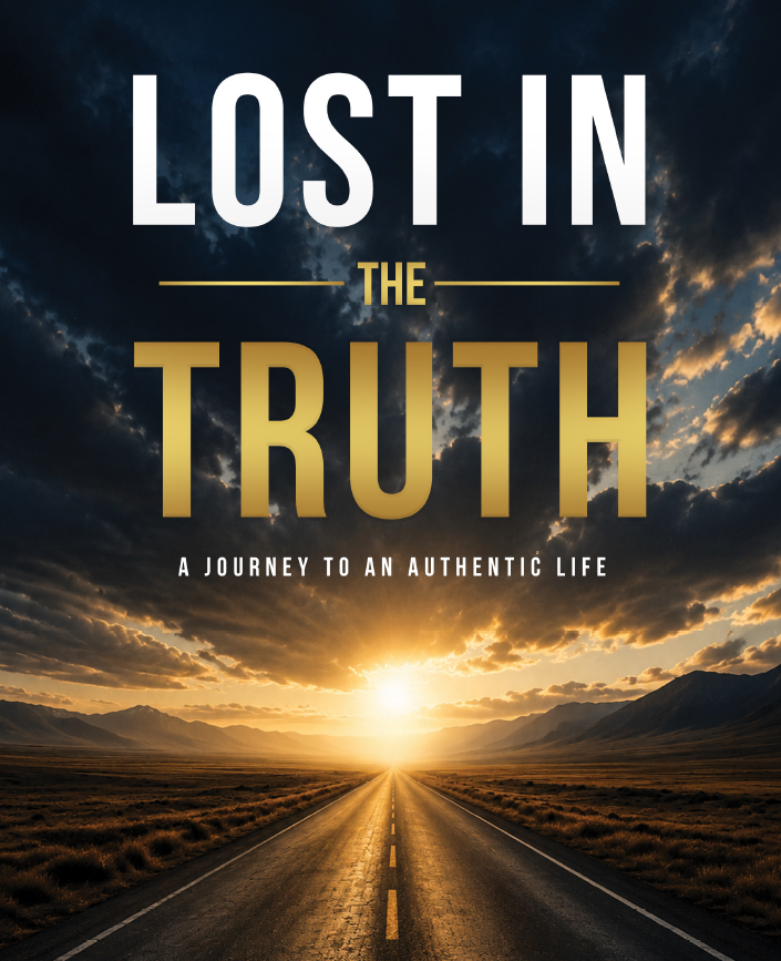 A road leading into a sunset over mountains with dark clouds overhead, overlaid with the text 'Lost in the Truth: A Journey to an Authentic Life'.
