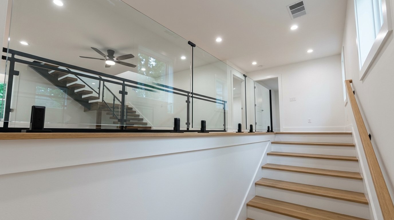 Modern staircase with wooden steps, glass railing, and white walls in a well-lit house interior.