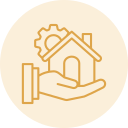 A hand holding an outline of a house with a gear above it, symbolizing home maintenance or real estate services.